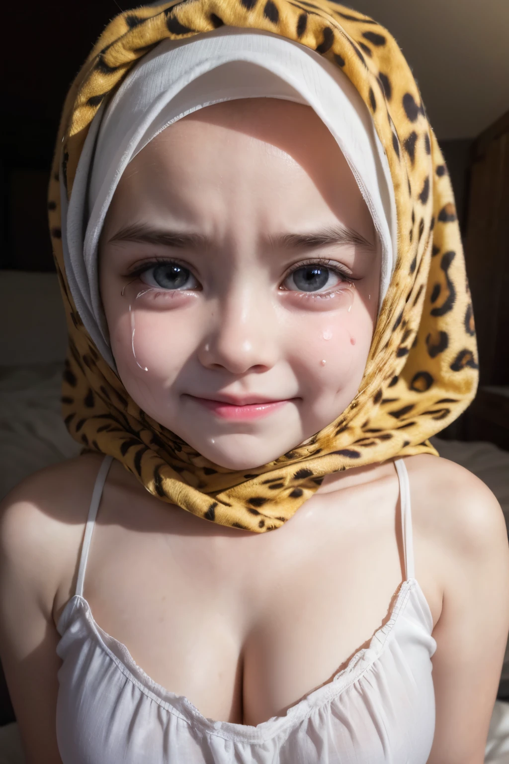 (CRYING FACE EXPRESSION:1.3), Chubby adorable, (V-neck ice silk nightdress), 1 girl, (face to face), , ((baby face)), happy, half body portrait, (face details: 1), (eye details: 1), ((big breasts)). wearing transparent transparency soft soft, .. Cute posed. proportional body. Ultra High Res. realistic: 1.4, UHD, (leopard pattern), ((Stylish Hijab)), view from seductive pose