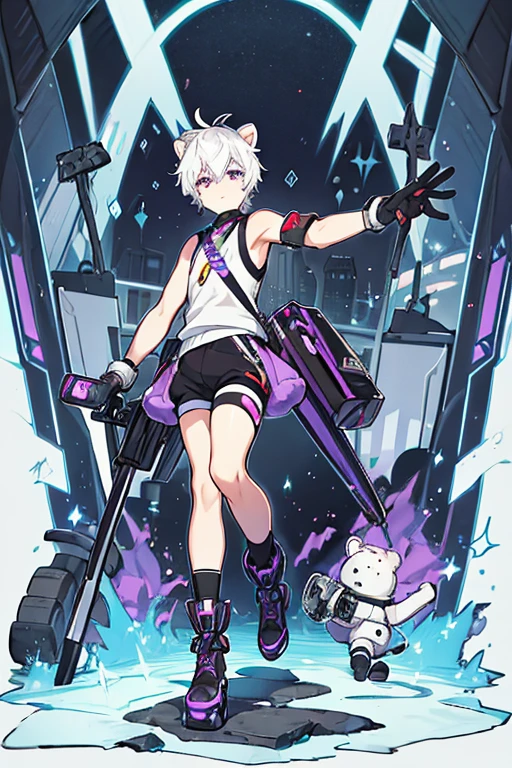 man, gay, short white hair bear ears,purple eyes, motocross goggles , with robotic left arm, black sleeveless shirt, Morados shorts, long tights, with a sweater around my waist, long black gloves, black boots, with a spiked collar
