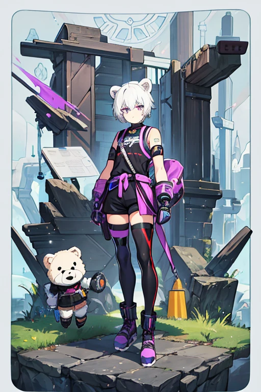 man, gay, short white hair bear ears,purple eyes, motocross goggles , with robotic left arm, black sleeveless shirt, Morados shorts, long tights, with a sweater around my waist, long black gloves, black boots, with a spiked collar