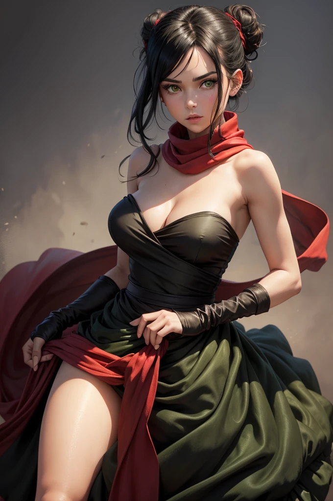 fullbody view, female, intense green eyes, black hair tied to a bun, strapless full dress, red scarf around her neck, flowy arm sleeves, silk gloves, a fabric is wrapped around her waist