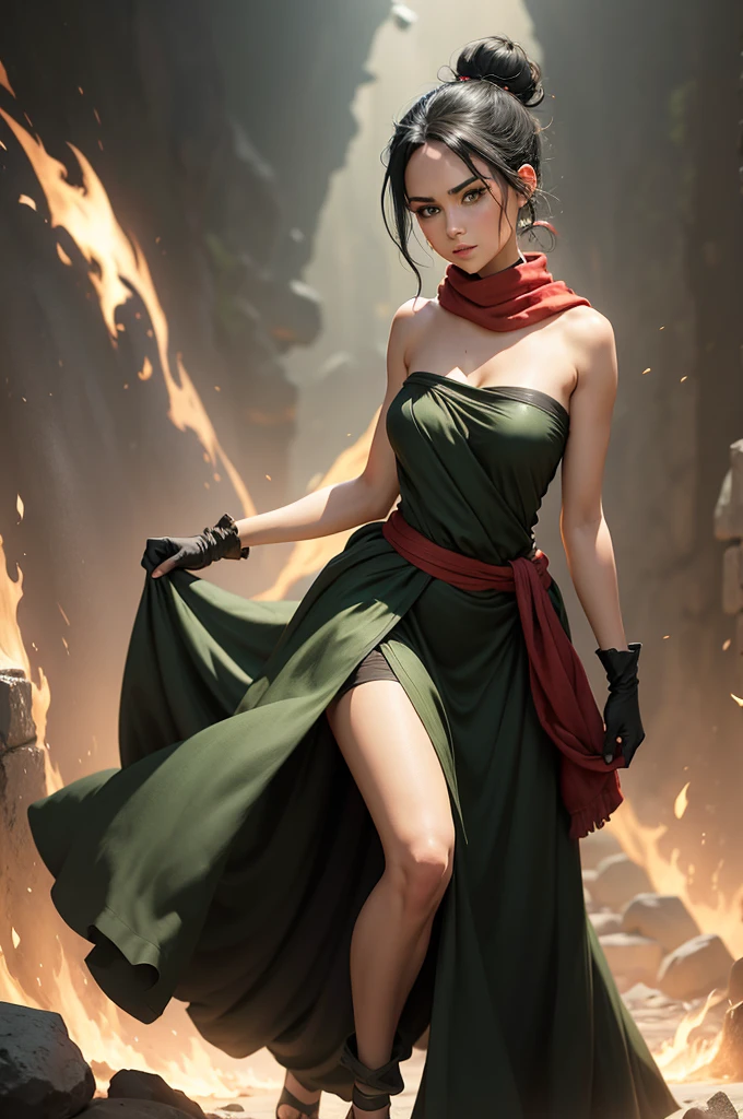 fullbody view, female, intense green eyes, black hair tied to a bun, strapless full dress, red scarf around her neck, flowy arm sleeves, silk gloves, a fabric is wrapped around her waist