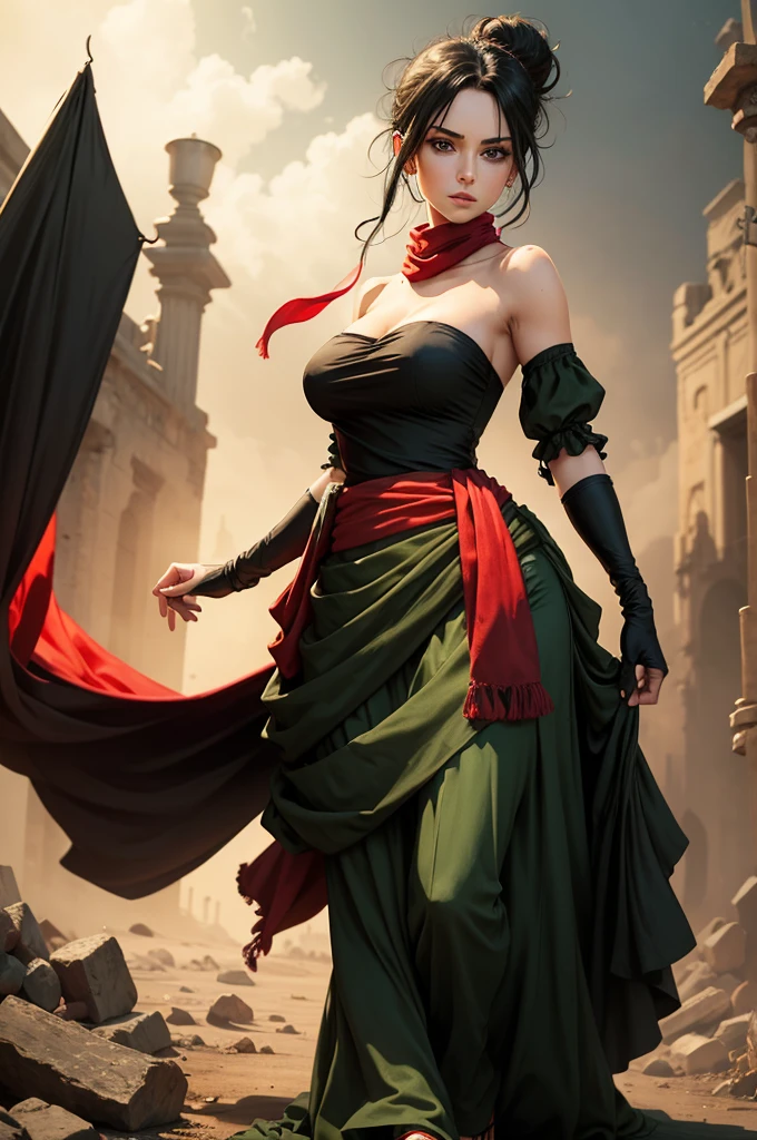 fullbody view, female, intense green eyes, black hair tied to a bun, strapless full dress, red scarf around her neck, flowy arm sleeves, silk gloves, a fabric is wrapped around her waist