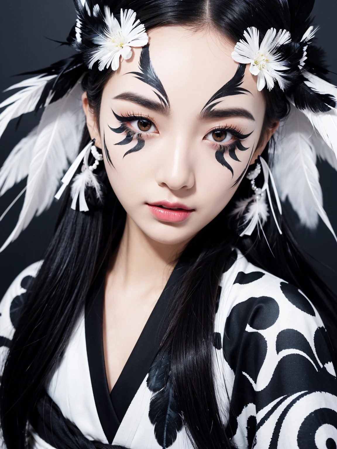 black and white kimono、There are many black feathers on the head,,,、Black eyeliner and black eye shadow、detailed face、detailed facial expression、shoot from the waist up、dynamic pose、colorful makeup、cool face paint、