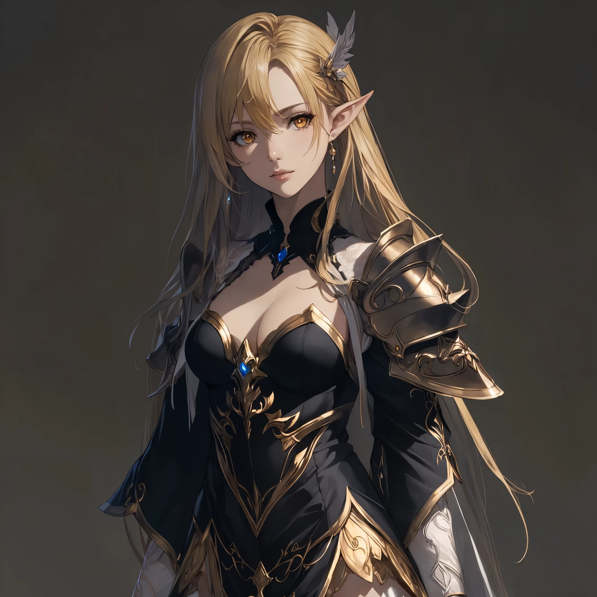 masterpiece, best quality, good quality, Fantasy aesthetics, Highly detailed, shadowverse style, white stocking, female, adult, elf, golden eyes, golden hair