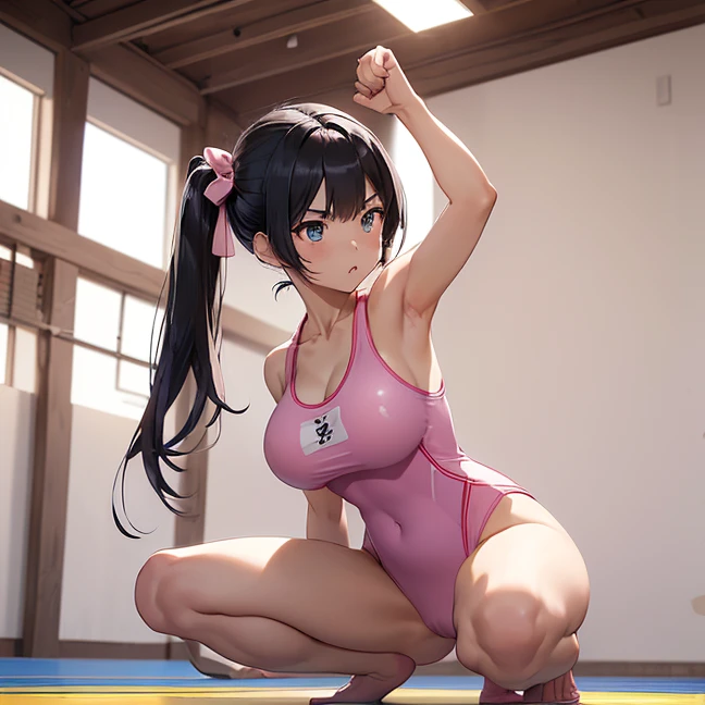 Master piece, best high quality image, carefully detailed details and textures, alone character, full character back view
{{(1character: 25 years old black haired japanese human girl: (fair skin, black short hair tied in two short twintails, beautiful blue eyes, beautiful face, sharp eyebrows, nice figure, big breasts, big glutes, beautiful legs, fierce expression, brave demeanor, karate fight crouching pose), (pink one-piece swimsuit, hip frills), (white colored japanese karate training room, karate training arena, no people around))}}