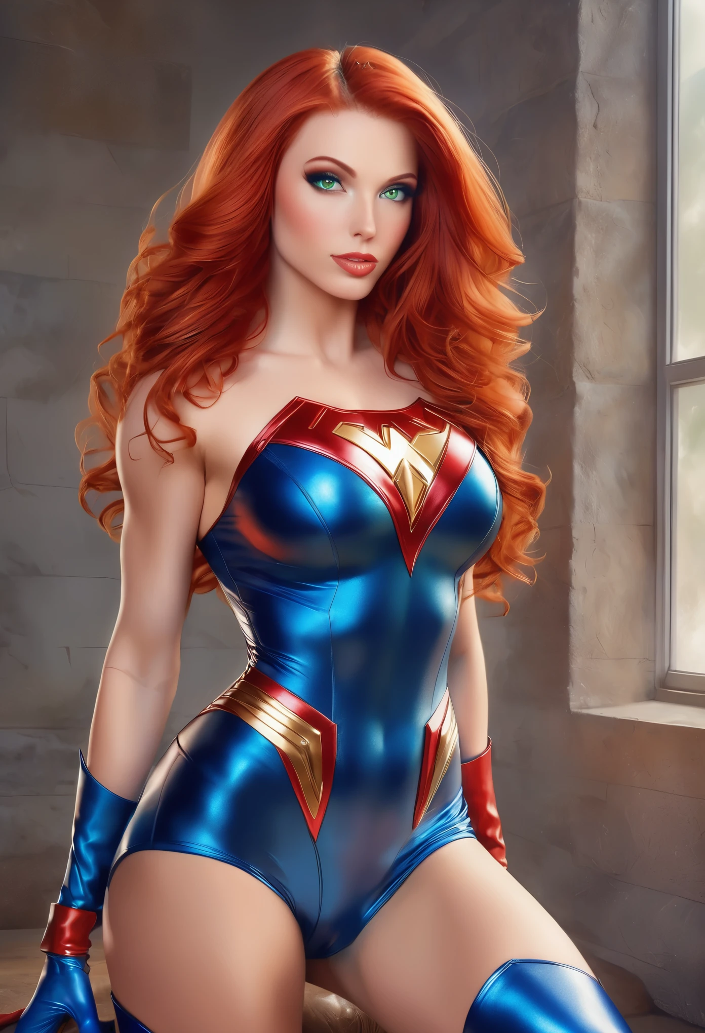 a beautiful female superhero. red hair green eyes wears a red and blue dress which shows her legs in the front but is longer in the back with a small A symbol above her waist. wears golden high heel boots. wears blue gloves that go to her elbows portrait photography by artgerm, in the style of realism, glistening skin, , natural lighting, Defined full lips. Muscular fitness feminine body