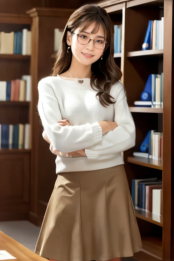 (8k, RAW photo, best quality, masterpiece), (photo realistic), outstanding details, ultra-high resolution, anatomically correct, textured skin, (Extremely precise and accurate anatomy),
Ultra Detailed Face, Detailed Eyes, detailed glasses,
A cute Japanese girl, Carrying a few books in the library,
(looking at viewer:1.4),
(fearless smile:0.1), (Mouth slightly open),
(short low chignon:1.4), (glasses), (Small cute nose) , (small cute mouth),
white simple summer sweater,
dark brown hair, Forehead,
(simple cotton flared skirt:1.4) , Light brown skirt, long length skirt,
Earrings, Necklace,
(background Spacious library interior, many bookshelves),
(backlighting),
reflection light from below,
atmospheric perspective, depth of field,
(dramatic lighting), cinematic lighting,