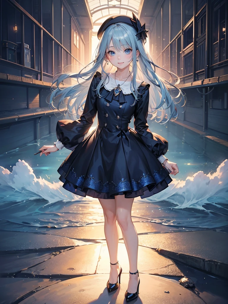 ((Biologically correct limb count)),(( From head to toe,Full-body photo including face)),4K,((Standing position)),masterpiece,((Focus on the face)),((Symmetrical facial features)),Eyes with detailed description,Beautiful woman,Great style,Beautiful arms,Beautiful legs,Beautiful Hands,(Small Ass,Thin thighs),Detailed depiction of the face,Small earrings,necklace,(Will ,dress((High heels))),((evening,Watching from the coast)),(((blue blonde))),Realistic photo,beret,Looking up,Look up
