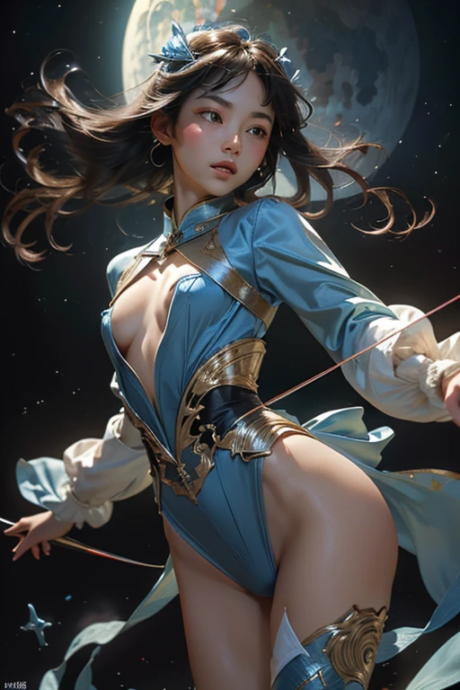 masterpiece, high quality, 4K, Beautiful design, from the front, Award-winning photo, Highly detailed face, (from the front, Whole body),Great proportions all the way down to the toes,((archeryをする女性)) The finer details,Attention to detail in the toes, Absurd, Highly detailed woman, (small breasts:1.5),(archery,bow,bow道),Highly detailed eyes and face,Professional photos, (Rich colors:1.1), Ultra-realistic, Realistic texture,月にbowを放つ女性,1 person,Asians in their 20s, 優しい笑顔でbowを打つ,(Mysterious blue costume:1.5),A sky that feels like space,Big Moon,Milky Way,European folk costumes,Powerful Movement