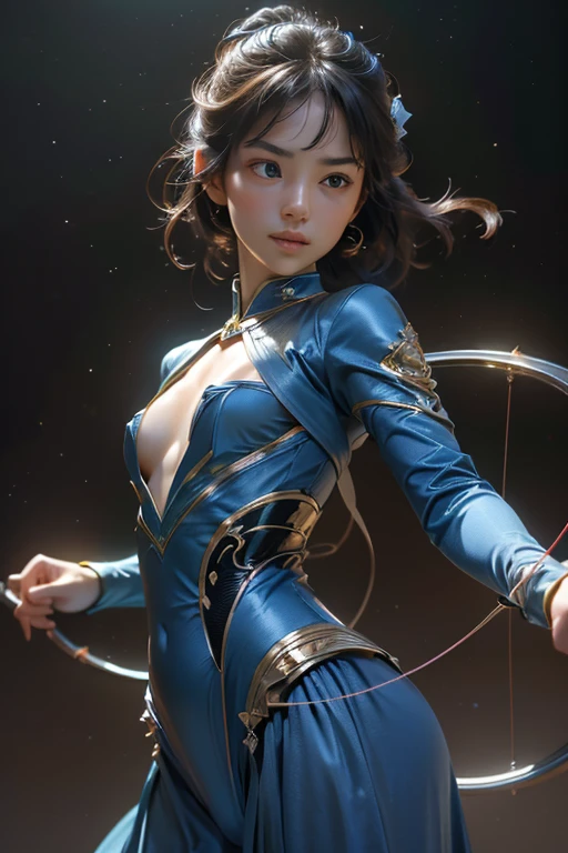 masterpiece, high quality, 4K, Beautiful design, from the front, Award-winning photo, Highly detailed face, (from the front, Whole body),Great proportions all the way down to the toes,((archeryをする女性)) The finer details,Attention to detail in the toes, Absurd, Highly detailed woman, (small breasts:1.5),(archery,bow,bow道),Highly detailed eyes and face,Professional photos, (Rich colors:1.1), Ultra-realistic, Realistic texture,月にbowを放つ女性,1 person,Asians in their 20s, 優しい笑顔でbowを打つ,(Mysterious blue costume:1.5),A sky that feels like space,Big Moon,Milky Way,European folk costumes,Powerful Movement