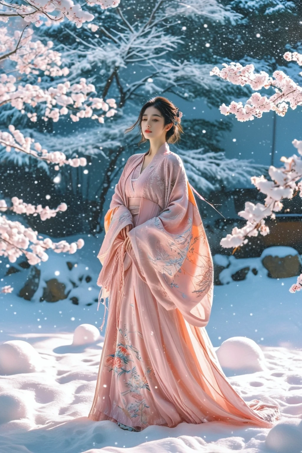 a woman in a pink kimono standing in the snow, a picture, inspired by Ma Yuanyu, tumblr, background image, wearing long gown, 720p, photoshoot, cutecore, covered with blanket