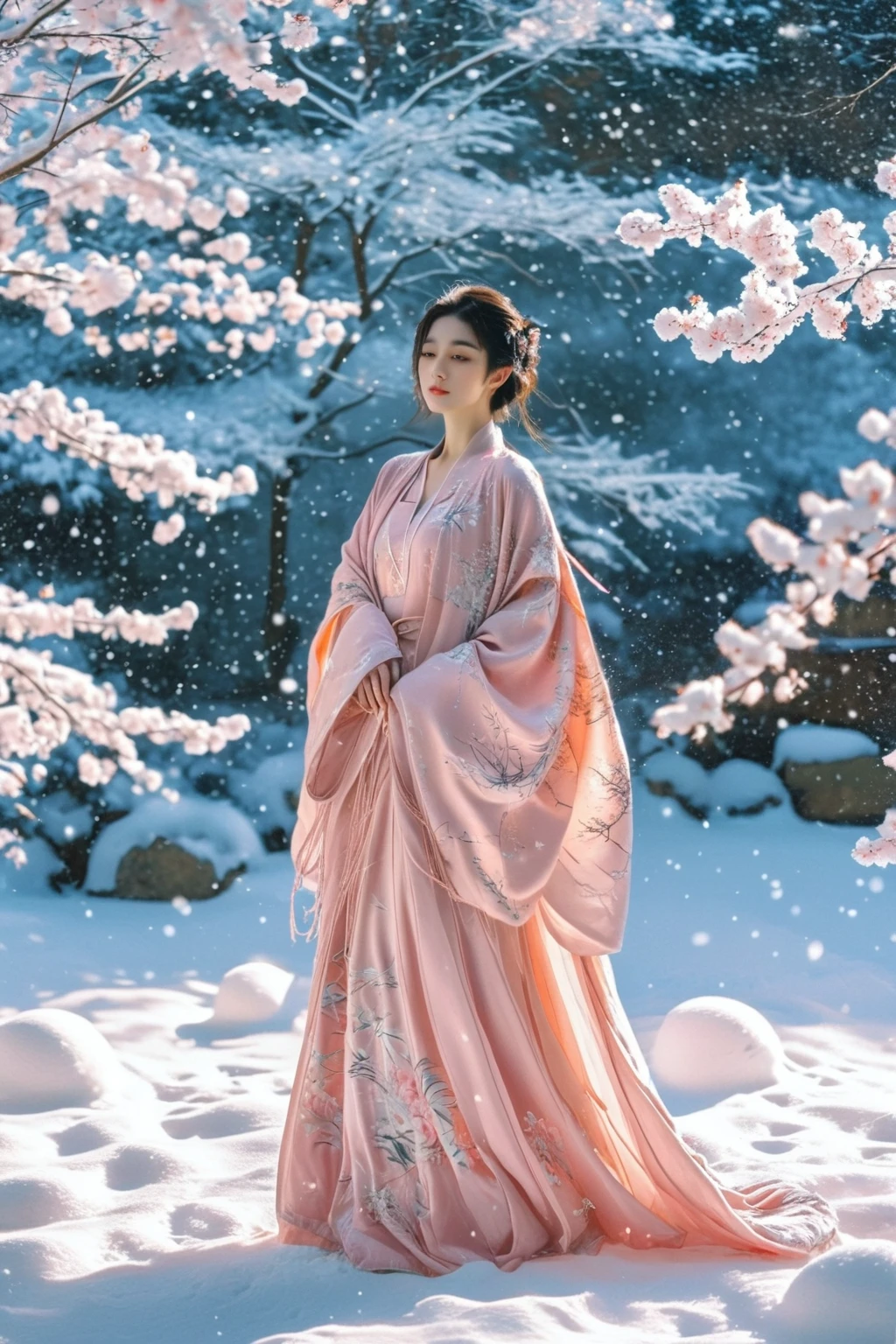 a woman in a pink kimono standing in the snow, a picture, inspired by Ma Yuanyu, tumblr, background image, wearing long gown, 720p, photoshoot, cutecore, covered with blanket