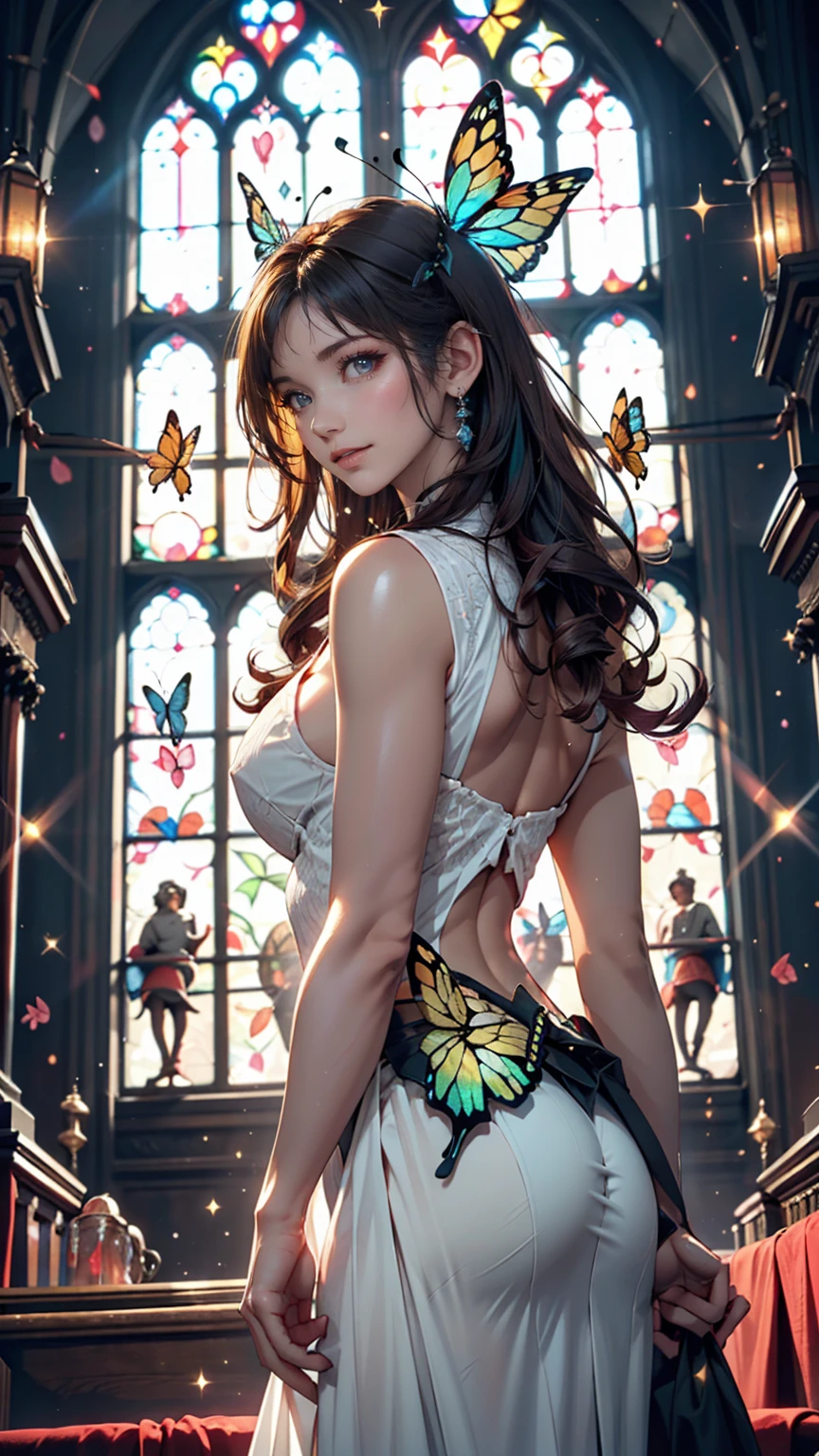 One girl, masterpiece, Very detailed, ((Cinema Lighting)), (Shine), ((Dramatic lighting)), ((Beautiful sparkle)), Intricate details, Lens flare, Multicolored Hair, Rainbow Hair, Long Hair, colorfulなドレス, butterflyの髪飾り, butterfly, (Particles of light), Put your arms behind your back, Large Breasts, [Curvy], Cowboy Shot, A light smile, Green Eyes, church, Stained glass, Spotlight, Dark Background, Floating Hair, Floating Hair, View your viewers,((colorful))