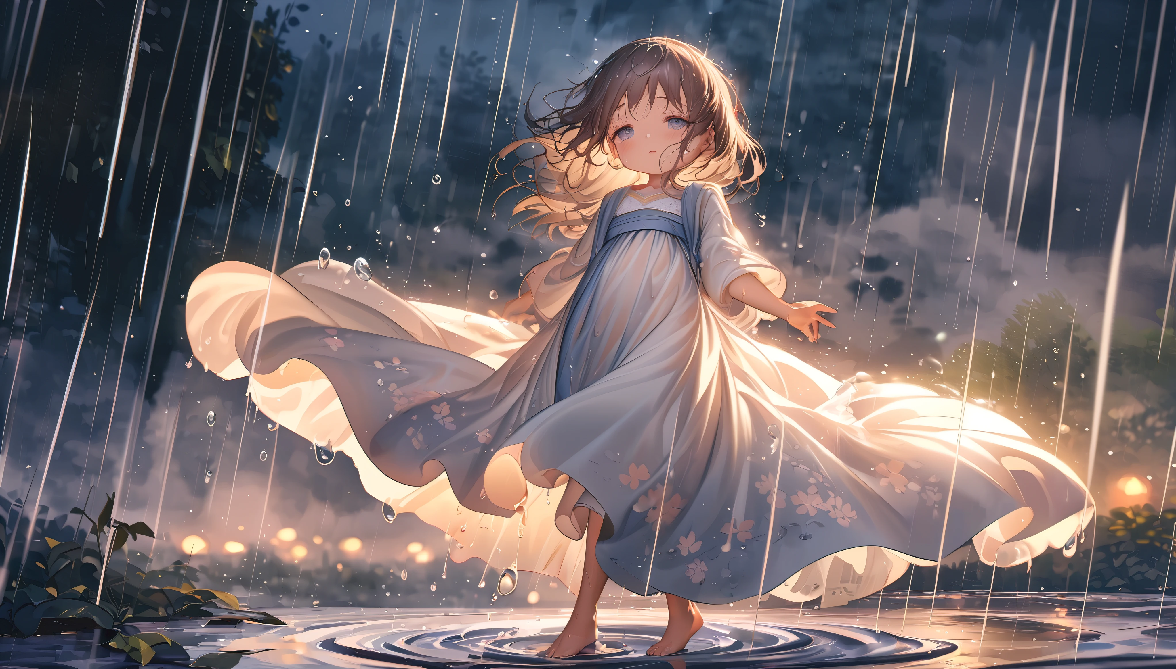(full body), (solo), (A :1.2), (very young little girl), l, (small breas(wide angle), raw photo, Aesthetic, Convoluted, Awarded, chiaroscuro, Best Quality, Detailed background, (Misty atmosphere:1.2), (hard rainy day:1.1),((Girl in very long white hanfu dress:1.2)), large white silk dress, long white hanfu with a silk texture, best wrinkles, real wrinkles, best shadows, (wet, wet body, wet hair, wet skin, very wet white dress, reflection on the wet dress, delicate cherry blossom embroidery, subtle water droplets:1.15), (water spray:1.1), The rain pours down in a silver curtain, enveloping the scene in a soft, shimmering glow. The little girl, a vision of puritin a gorgeous white long skirt, the fabric now soaked through, clinging to her form like a second skin. The once crisp and airy material is now heavy with rain, its transparency revealing the contours of her body as she moves. Her hair, dark against the white of her skirt, falls in wet strands, framing her face like a frame to a portrait. The rain has painted her with a natural beauty, the droplets catching on her lashes, her cheeks flushed with the coolness of the rain. Barefoot, she dances on the rain-kissed earth, her feet leaving imprints in the damp soil. Each step is a whisper, a secret shared between her and the sacred ground beneath her. The earth responds, the scent of wet earth rising to meet the rain's fresh scent. Her white skirt, now translucent with the rain, flows with her movements, the hem fluttering like wings as she spins. The fabric catches the light, casting a soft glow around her, as if she is dancing within a halo of moonlight. The raindrops fall in rhythm with her dance, each drop a note in the symphony of the moment. The sound of rain on leaves, the soft patter on the ground, they all blend into a harmonious melody, accompanying her silent song.