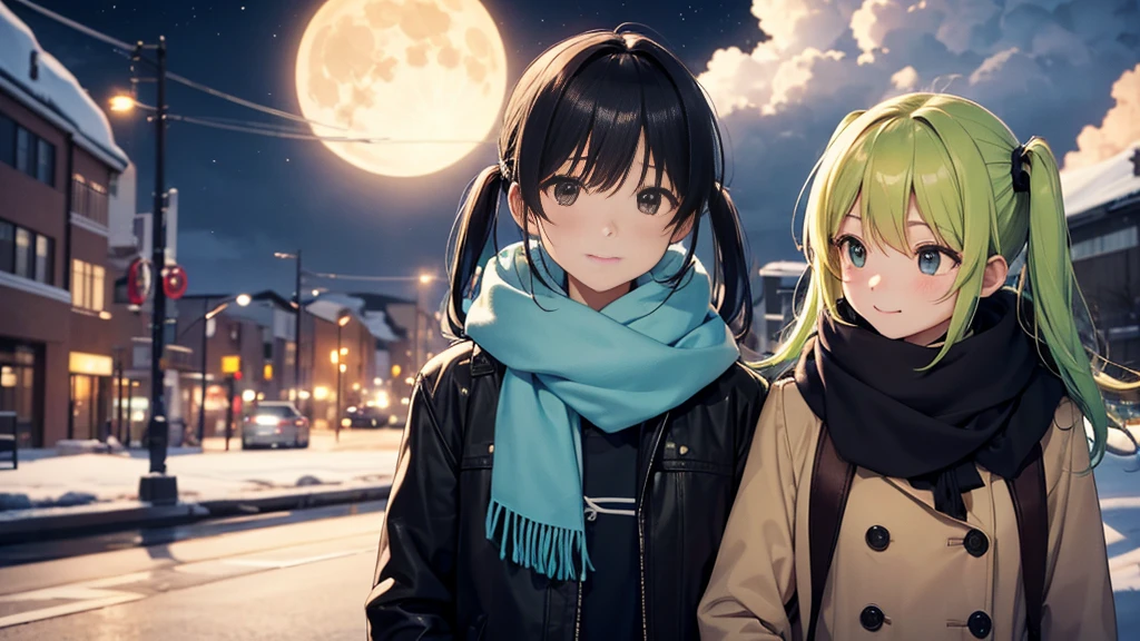 The background is the midwinter night sky、I can see a very big full moon。A couple walking side by side, breathing out white breath.2shot。The woman has cute yellow-green hair in twin tails.、She is wearing a cute coat and scarf。The man is a handsome man with short black hair.、Wearing a duffle coat。The two of them look at each other with a sad smile.。
preparing