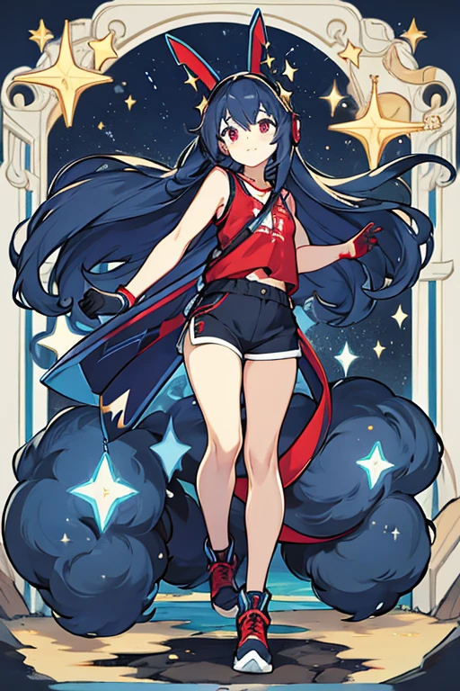 women, long loose dark blue hair, stars on your face, red headphones, blue shirt, black tank shorts with stars , red gloves