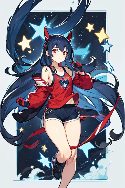 women, long loose dark blue hair, stars on your face, red headphones, blue shirt, black tank shorts with stars , red gloves