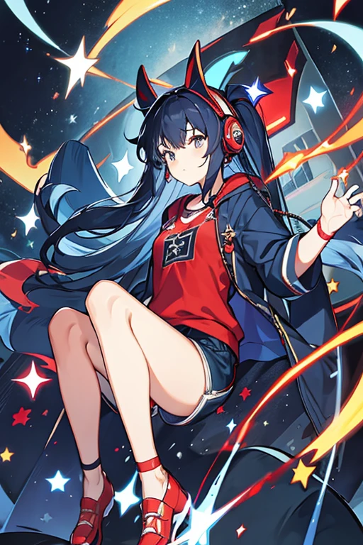 women, long loose dark blue hair, stars on your face, red headphones, blue shirt, black tank shorts with stars , red gloves