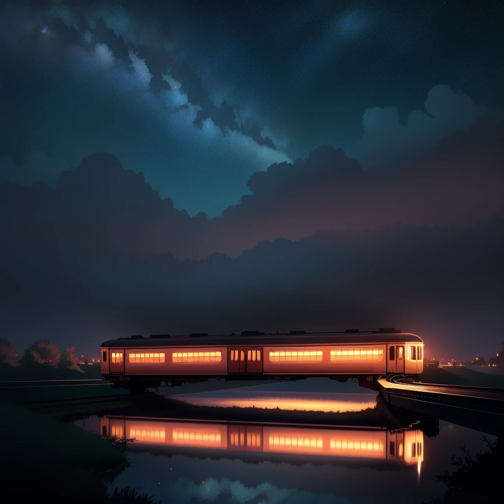 High quality masterpiece, landscape, Animated train passing through water on the tracks, Bright starry sky. Romantic Train, Pixiv, Concept Art, Lofi Art style, reflection. by makoto shinkai, Lofi Art, Beautiful anime scene, Anime landscape, Detailed landscape — width 672, in Makoto Shinkai&#39;s Style, Makoto Shinkai&#39;s Style, Enhanced Details.