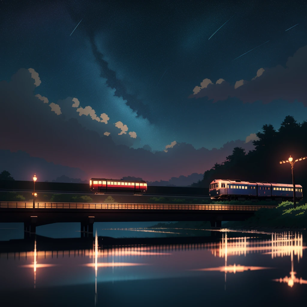 High quality masterpiece, landscape, Animated train passing through water on the tracks, Bright starry sky. Romantic Train, Pixiv, Concept Art, Lofi Art style, reflection. by makoto shinkai, Lofi Art, Beautiful anime scene, Anime landscape, Detailed landscape — width 672, in Makoto Shinkai&#39;s Style, Makoto Shinkai&#39;s Style, Enhanced Details.