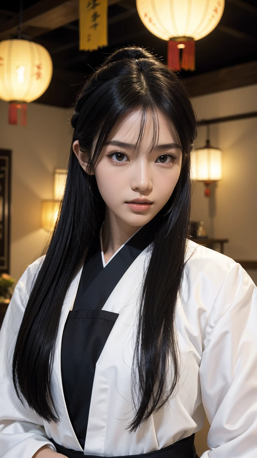 1 fashion model 18 years old [[[[close up]]]], [[[[neck]]]], [[[[Shoulder]]]], (((Complete head)))，(((Complete hairstyle)))，Perfect eyes, Perfect Iris，Perfect lips，Perfect Teeth，Perfect skin，White skin，Soft headlights，High-density imaging，Black long hair，（Clean and delicate face），((Black Hanfu))，((Half-length photo))，((night))，((Chinese Lanterns))，((Various dynamic poses))，((The background is the bedroom))，best quality，masterpiece，（Soft colors：1.2）