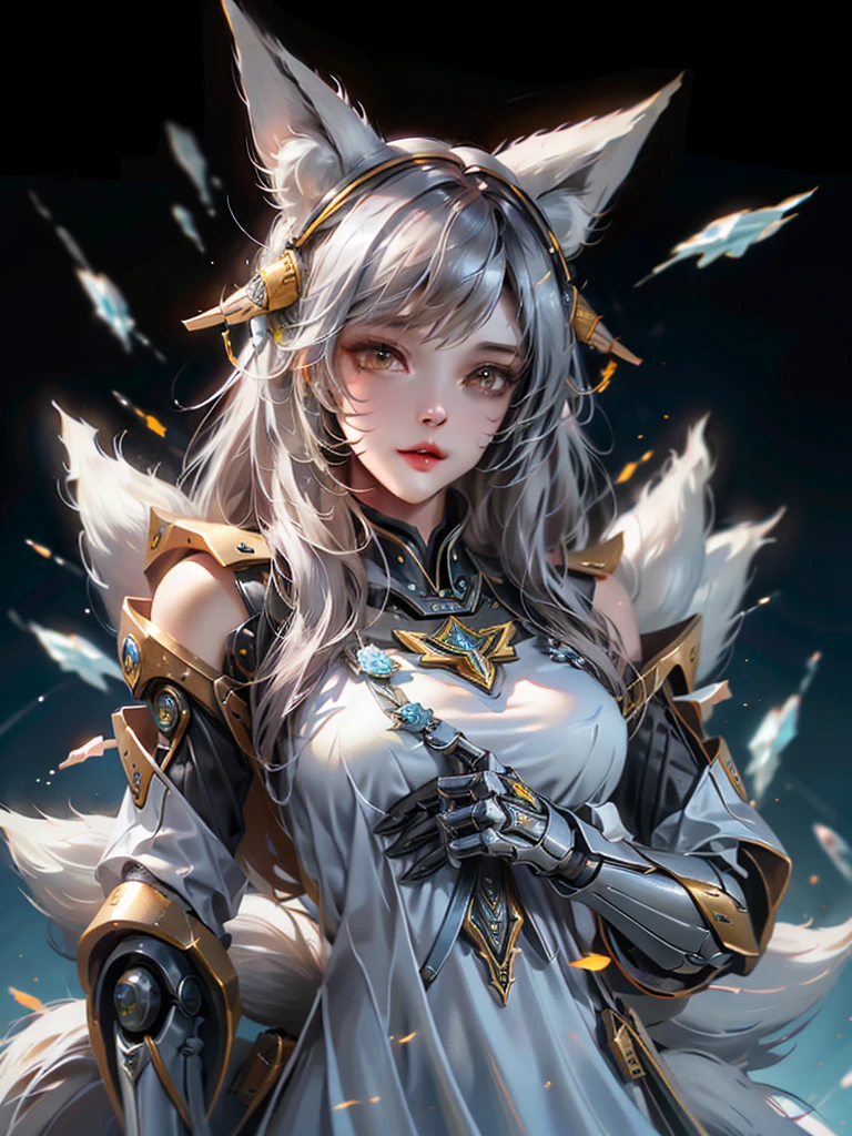 Female black and yellow mech sculpture，The mech is rich in detail，Mechanical skin texture，Silver robot wing detail，Silver lightning ball，holding knives，Explosive effect，Looking Up The Sky