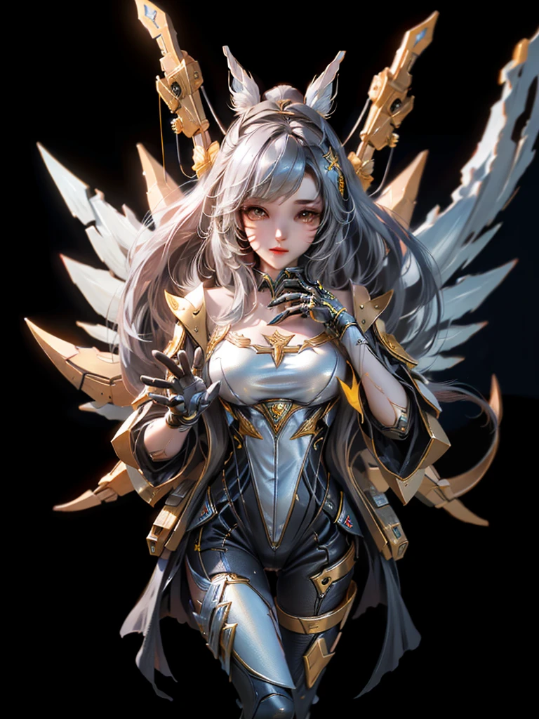 Female black and yellow mech sculpture,The mech is rich in detail,Mechanical skin texture,Silver robot wing detail,Silver lightning ball,holding knives,Explosive effect,Looking Up The Sky