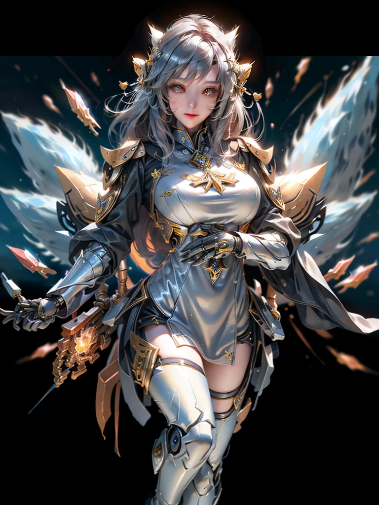 Female black and yellow mech sculpture，The mech is rich in detail，Mechanical skin texture，Silver robot wing detail，Silver lightning ball，holding knives，Explosive effect，Looking Up The Sky
