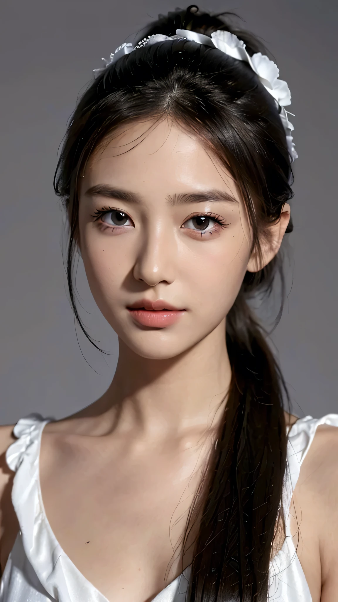 Bust Shot,Orange  Sleeveless Dress Style,Frilly dress,ruffled edges, layered,Accessories: Flower hairpiece, ribbon, fitted body,Commercials for luxury cosmetics style,Commercial filming studio,The background is all gray,Body in front,fully body photo,masutepiece, The highest image quality, High quality, the background is clear,Beautiful woman, Japanese, Detailed, Ultra-detailed, finely detail, hight resolution, 8K Wallpaper, Perfect dynamic composition, Beautiful detailed eyes ,Detailed eyes, Detailed skin, Beautiful skin, 超hight resolution, (reality: 1.4),Very beautiful woman, Slightly younger face, Beautiful skin, slender, (Ultra photo realsisim), (hight resolution), (8K), (Very detailed) (beautifully detailed eyes), (super detailed),   (Detailed face), view the viewer, Fine details, Detailed face, Staring straight ahead, Staring straight ahead, photos realistic, Bright lighting, Professional Lighting, Black hair,poneyTail,a baby face,sixteen years old,Hairstyle: ponytail,Long ponytail hairstyle,slight smile,