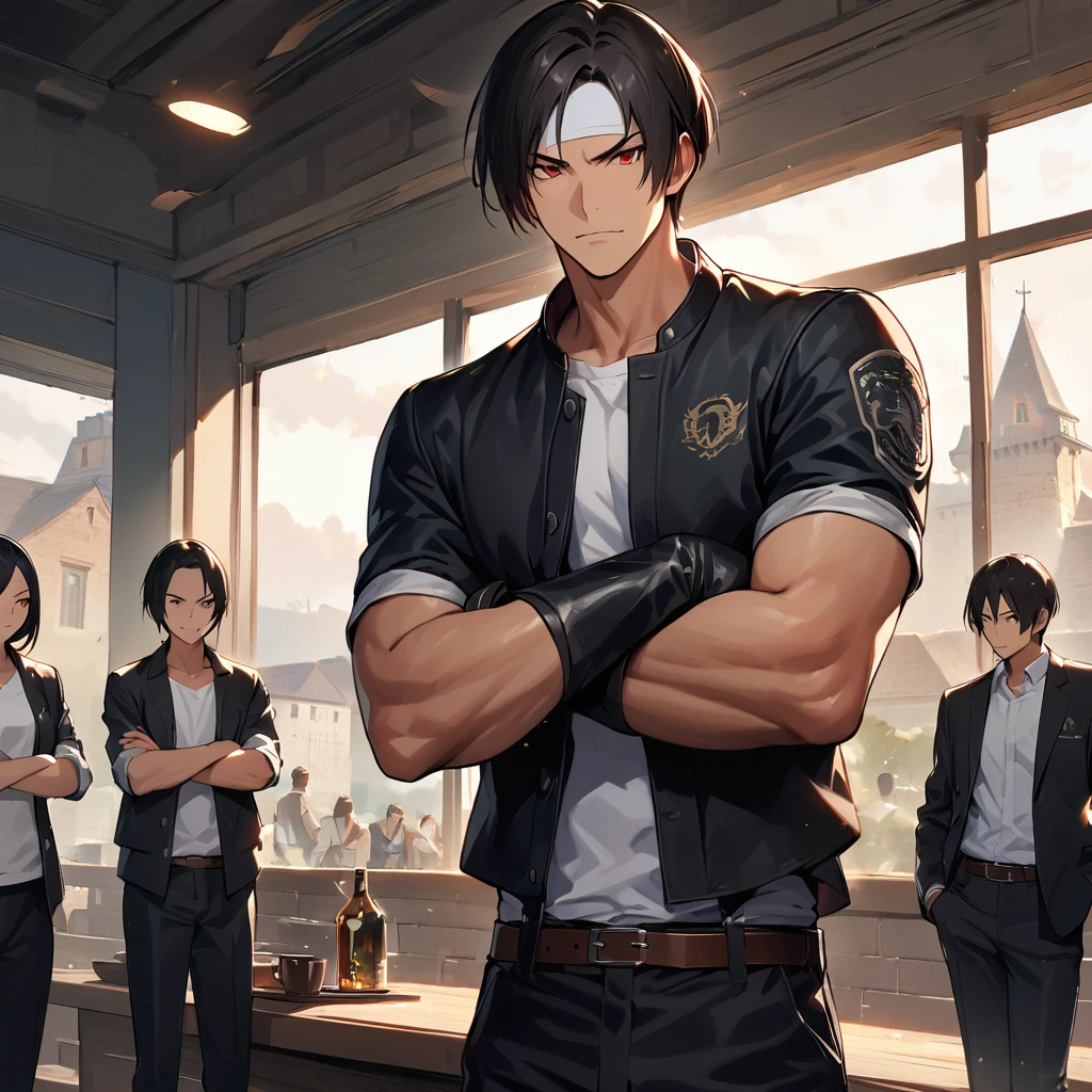 masterpiece, Highest quality,8k, Full Hand Description, Action pose, Battle Scenes:1.5,Orochikyo, The man has dark skin, Red eyes, alone, ((White headband)) two shots, Black jacket (Arms crossed), Fingerless gloves, Black Hair, White T-shirt, Black trousers, White shoes, Tea belt, boyish, good looking, shot, Charm, masterpiece, High resolution, Detailed face, fine grain, morning, A confident, big smile, Men and women laughing at the chateau (wineries) Tour in the background, Men and women have the same hairstyle and clothing, Angry expression, :1.5 Attack Speed, Rapid Attack, Angry expression, Angry face