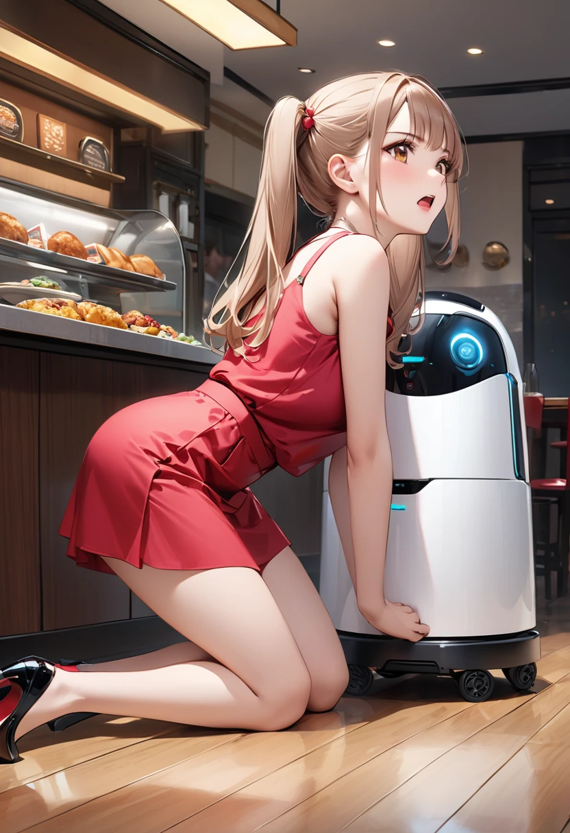Highest quality, masterpiece, Ultra-high resolution, Realistic:1.2, RAW Photos, Intricate details, Portraiture,　Big beautiful brown eyes:1.2, Perfect contours, Perfect proportions:1.2, ((A girl faces a food delivery robot:1.2)), break　((full body:1.2, ((from side:1.2)), (front shot:1.2), looking away:1.2)), ((petite, short, tiny girl:1.2)), Light Brown Hair、((long hair, twintails:1.2)), (makeup:1.2, full lips:1.3, pink lips:1.3, shiny lips:1.3, parted lips:1.2), (Talk to a food delivery robot:1.2), ((Silk sleeveless shirt:1.2, Silk skirt, Low heels)), break　((Raise your arms parallel to each other、Kneeling on the floor、Leaning forward:1.2))、(Angry expression:1.2、Open your mouth to the middle), (The background is a family restaurant:1.2、Several guests are dining), (empty-handed)