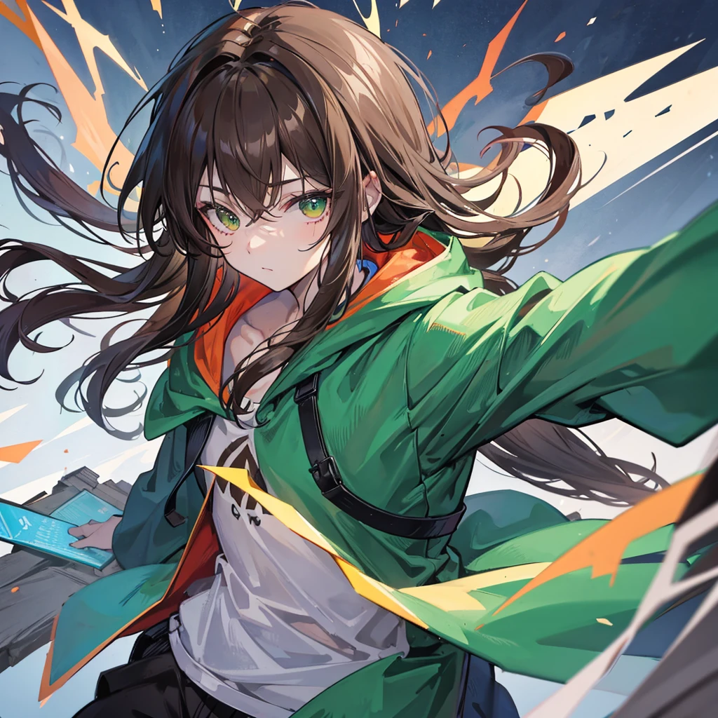Teenage boy with hood on, long brown hair below shoulders, looking behing the camera, daek clothes, green eye, robes
