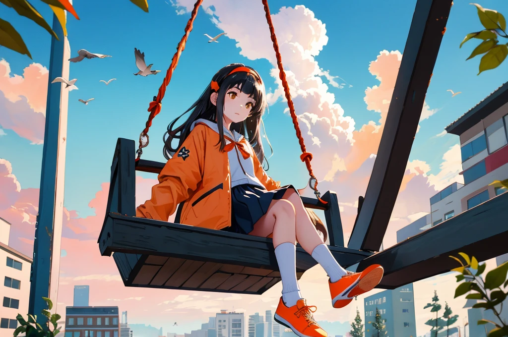 1girl,orange shoes,solo,sitting,sky,clouds,outdoors,black hair,bird,upward view,blue sky,white socks,daytime,orange jacket,building,long sleeves,leaves,long hair,playing on the swing,red headband,pump Rope,headband,bangs,cloudy sky,from_below,wide_shot,