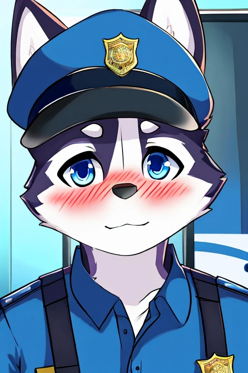Siberian Husky dog, police, blue eyes , en una estación de police, blushing