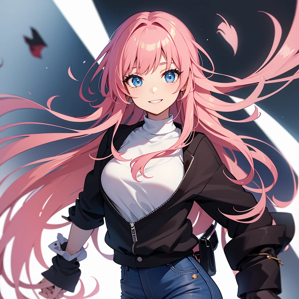 Full length anime girl, on a white background. young girl, with a cute face, large bright blue eyes and light smooth skin. pink hair, collected in a neat hairstyle, with small stray strands. black jeans, narrow at the bottom. Bright red sweater. White shirt under the sweater, shirt collar visible. The shirt is visible 5 centimeters from below under the sweater. Black Winter Boots. The girl is in a joyful mood, she smiles, creating an atmosphere of warmth and friendliness.