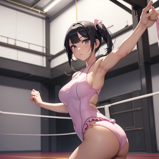 Master piece, best high quality image, carefully detailed details and textures, alone character, full character back view
{{(1character: 25 years old black haired japanese human girl: (fair skin, black short hair tied in two short twintails, beautiful blue eyes, beautiful face, sharp eyebrows, nice figure, big breasts, big glutes, beautiful legs, calm expression, calm demeanor, modeling pose), (pink one-piece swimsuit, hip frills), (white colored japanese karate training room, karate training arena, no people around))}}