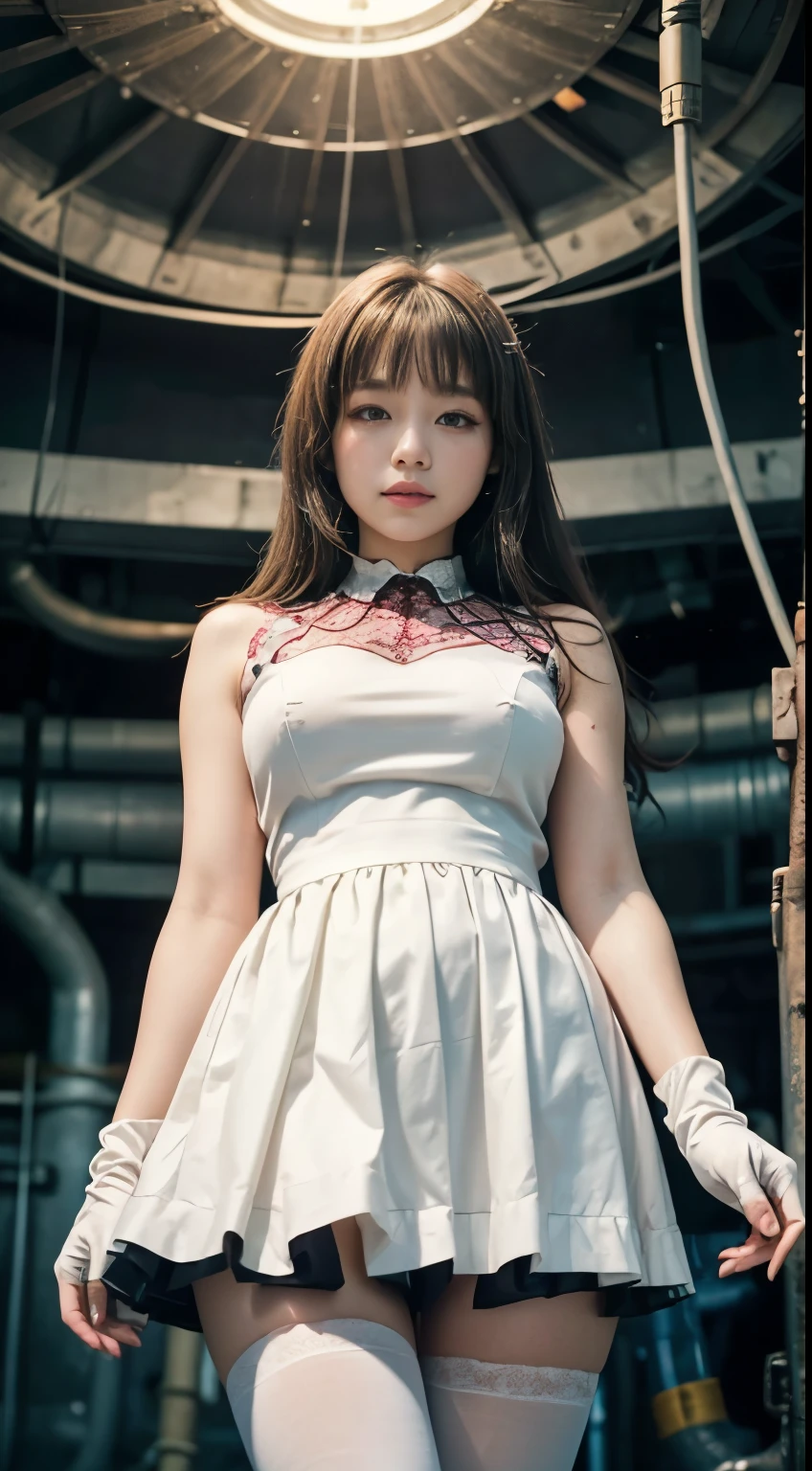 ((best quality)), ((masterpiece)), ((1girl)), solo, Ferry, ((long hair)), FerryBase, ((thighhighs)), bare shoulders, ((jewelry)), ((sleeveless)), white dress, pink skirt, white shoot from below, thighs exposed, red Lace gloves, cultivation tank with water.