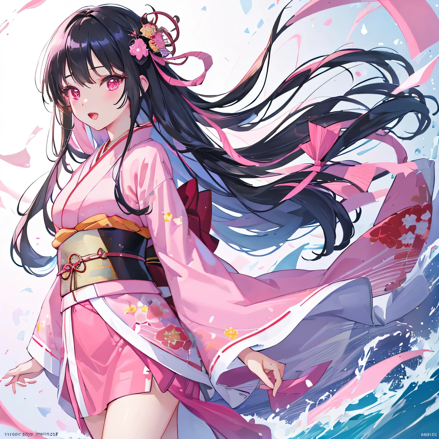 masterpiece, (Reality:1.5), Realistic eyes, Asian woman, best quality, Beautiful Lights, Professional lighting, Photon Mapping, Radiosity, Physically Based Rendering,, Nezuko Kamado, 1 Girl, Black Hair, forehead, hair Ribbon, Japanese clothes, kimono, Long hair, Colorful hair, open mouth, Pink Eyes, pink kimono, pink Ribbon, Ribbon, Smile, very Long hair, Sky, ((grown up)),, (RAW photos, 8K Ultra HD, Film Grain)