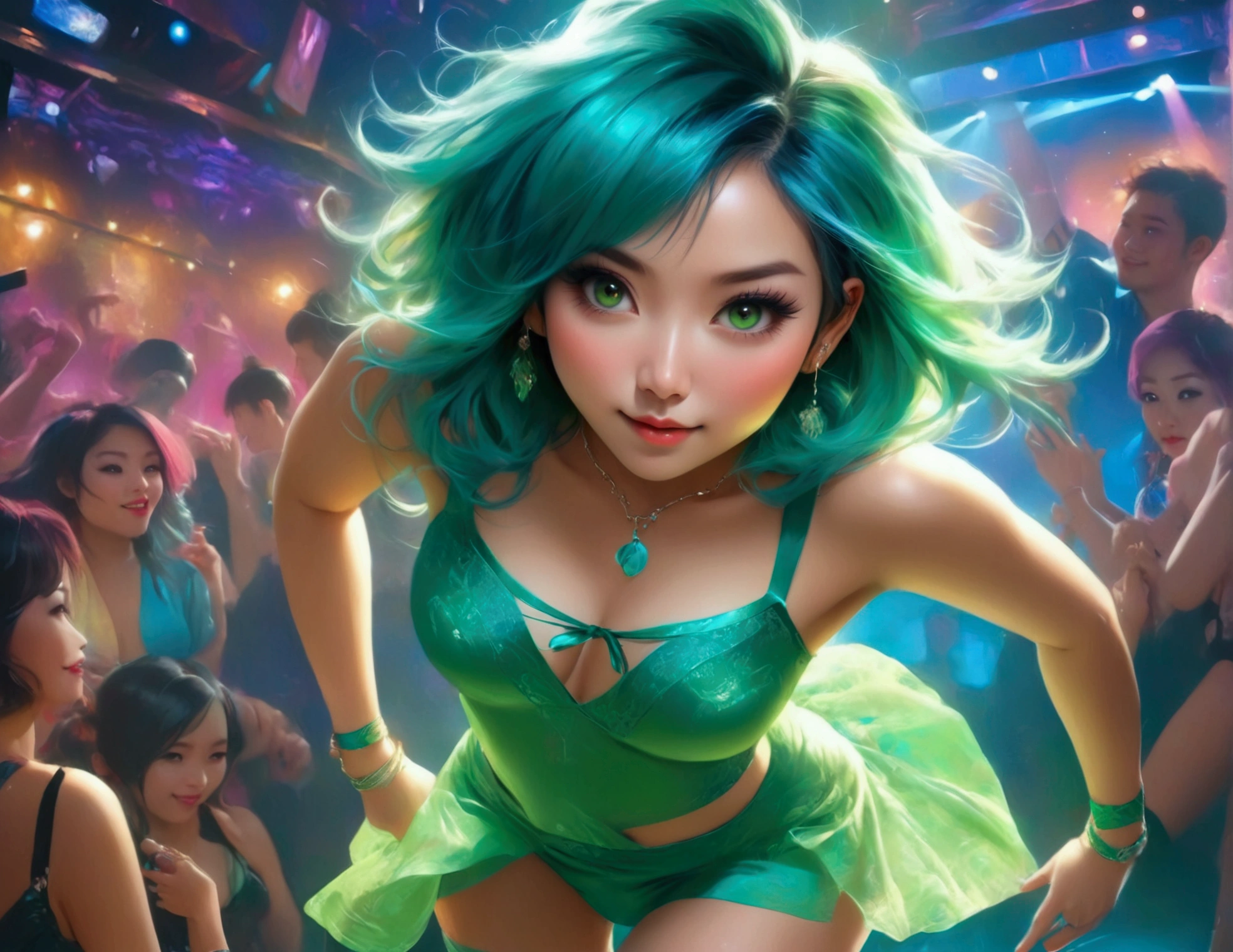 A lovely woman (asian, age 25, sexy little outfit, minidress panties exposed, bright green eyes, turquoise hair) dancing in the club having fun, Tik Tok dance