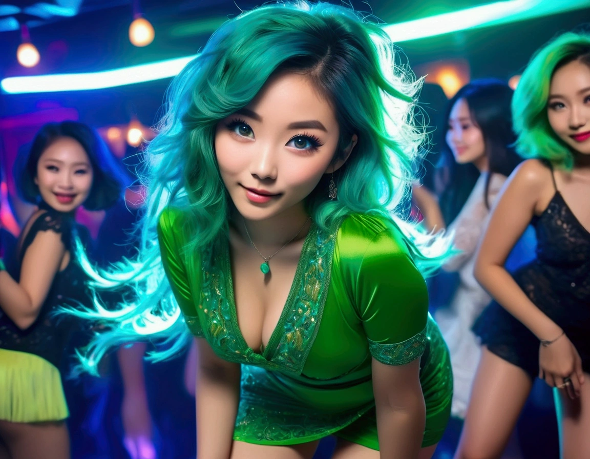A lovely woman (asian, age 25, sexy little outfit, minidress panties exposed, bright green eyes, turquoise hair) dancing in the club having fun, Tik Tok dance