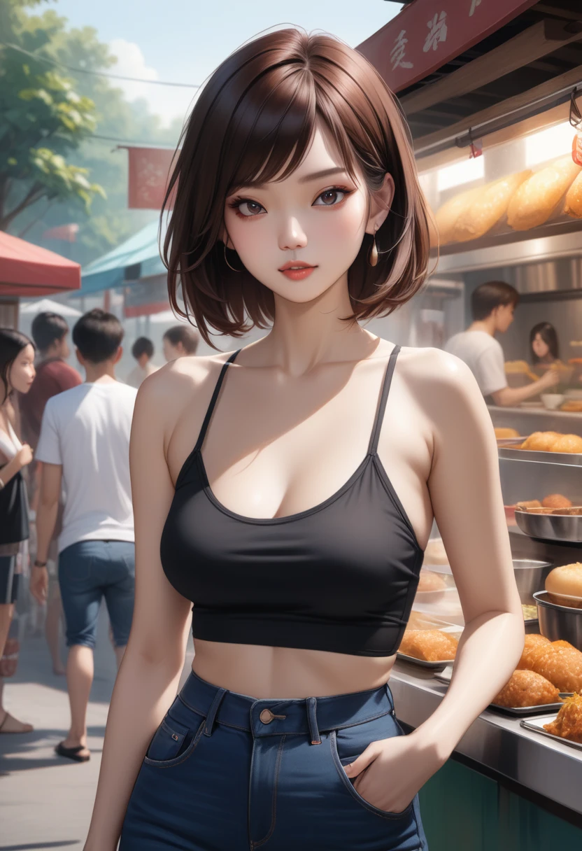 realistic anime of beauty Thai woman, enjoy eating at street food market, she has a brown bob cut (+ swept side bangs) and wearing dark brown singlet, and dark-blue denim pencil skirt, (1girl, solo, fill body), (masterpiece, best quality, japanese anime style )