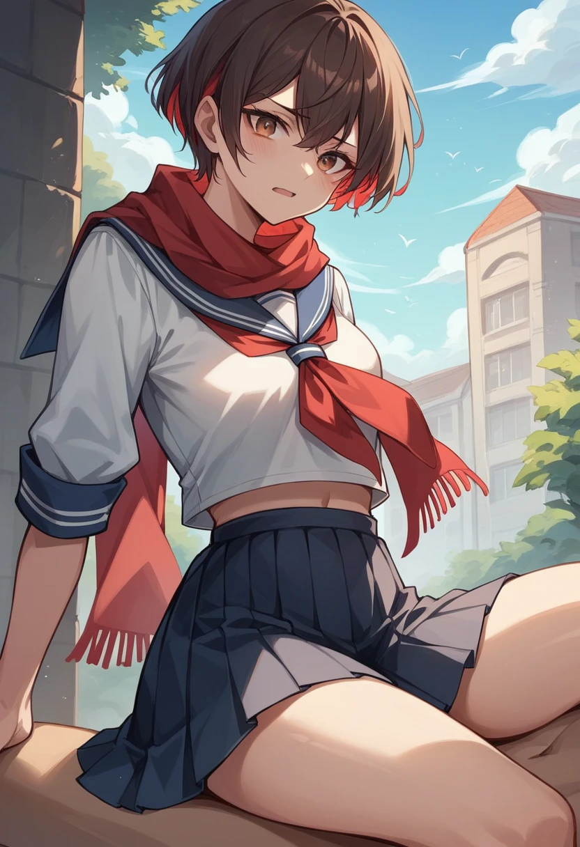 Create an anime-style image of a girl with short hair, Dark brown hair with side fringe, Characterized by red inner highlights. She is wearing a navy blue sailor uniform with a red scarf and a black pleated skirt.。. The girl has a playful yet mischievous look on her face, Especially with sharp and intense eyes、She gives off a somewhat bad girl vibe.. She has particularly thick thighs.. The overall aesthetic is bright and vibrant.,Horizontal position,whole body, Background is solid white