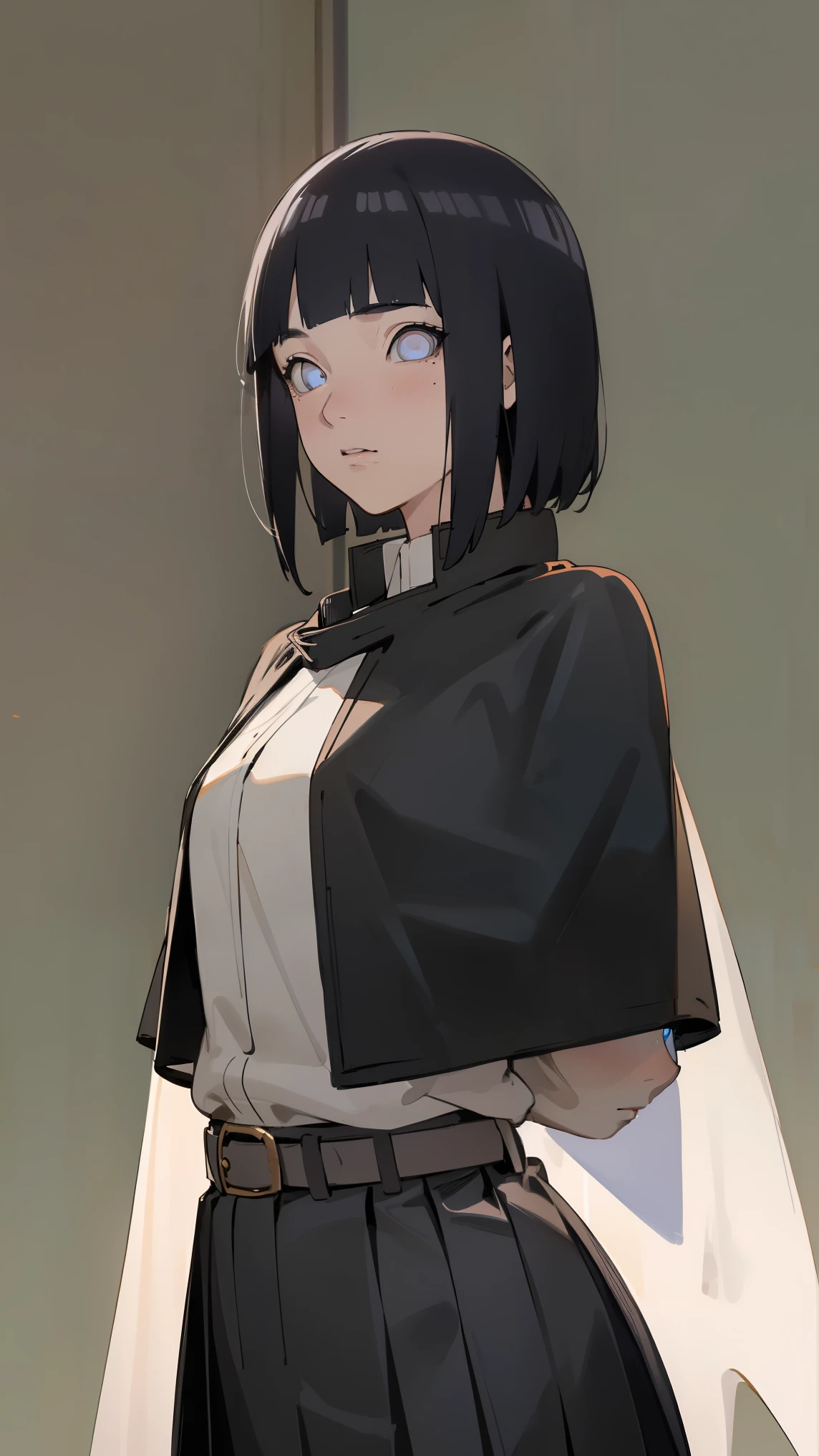 Masterpiece, Hinata\(Boruto\), 1 girl, alone,mature woman,
BREAK (white cape, black jacket, long sleeves, belt, pleated skirt, black skirt:1.2)
BREAK looking at viewer, side angle, blush, ((hands behind back:1.5)),
BREAK (masterpiece:1.2), best quality, high resolution, unity 8k wallpaper, (illustration:0.8), (beautiful detailed eyes:1.6), extremely detailed face, perfect lighting, extremely detailed CG, (perfect hands, perfect anatomy),