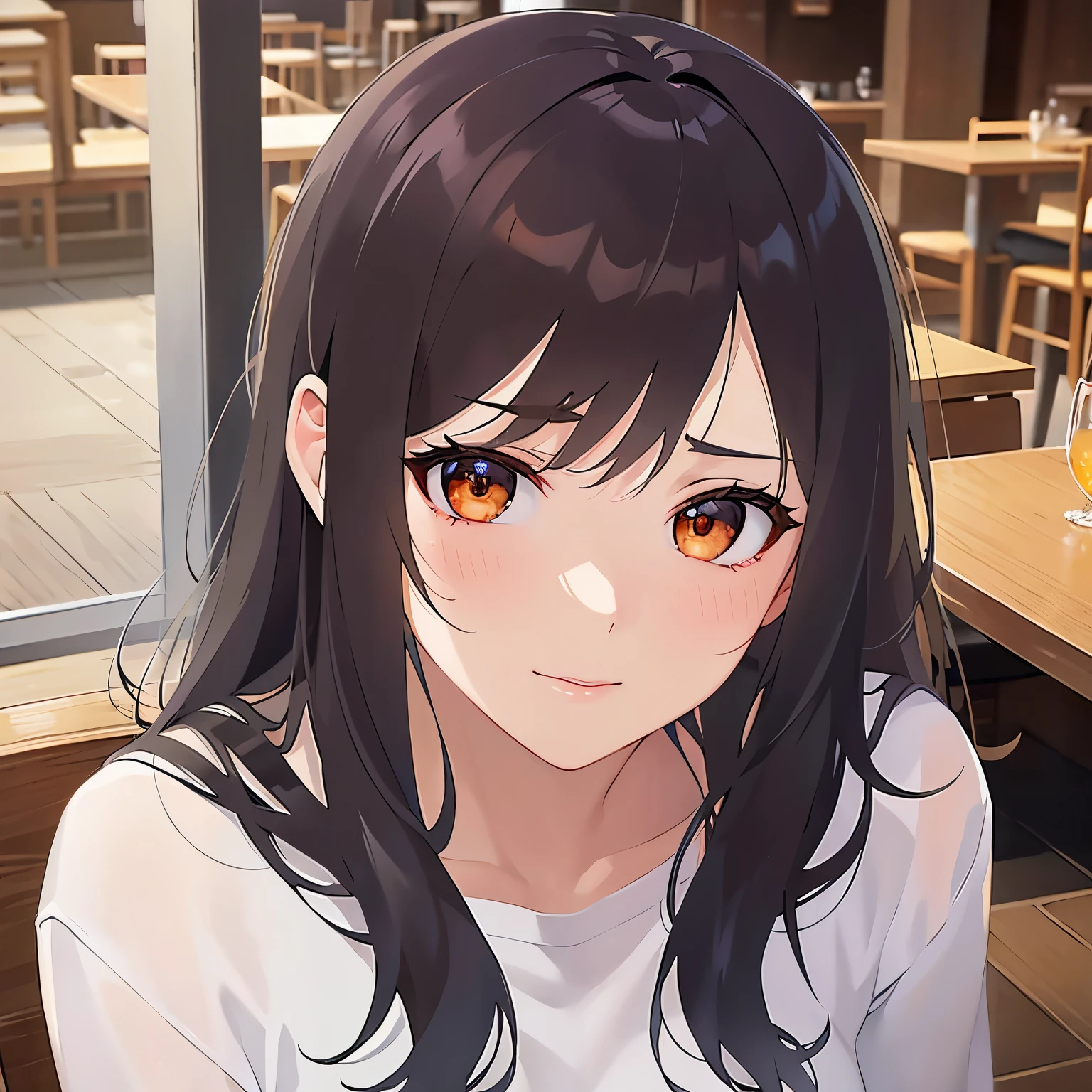 (looking away:1.5),Upper Body,Shooting from above、
Realistic, real person, (pale skin: 1.2), RAW photo, photorealistic, shiny skin, shiny hair、
(A 25-year-old woman with medium-length hair and bangs) and (wavy hair) and (brown hair) and (orange eyes) 、
(tearful:1.3),(smile:1.5),White long-sleeved clothing、The background is inside the restaurant