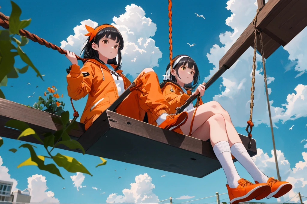 1girl,orange shoes,solo,sitting,sky,clouds,outdoors,black hair,bird,upward view,blue sky,white socks,daytime,orange jacket,building,long sleeves,leaves,long hair,playing on the swing,red headband,pump Rope,headband,bangs,cloudy sky,from_below,wide_shot,