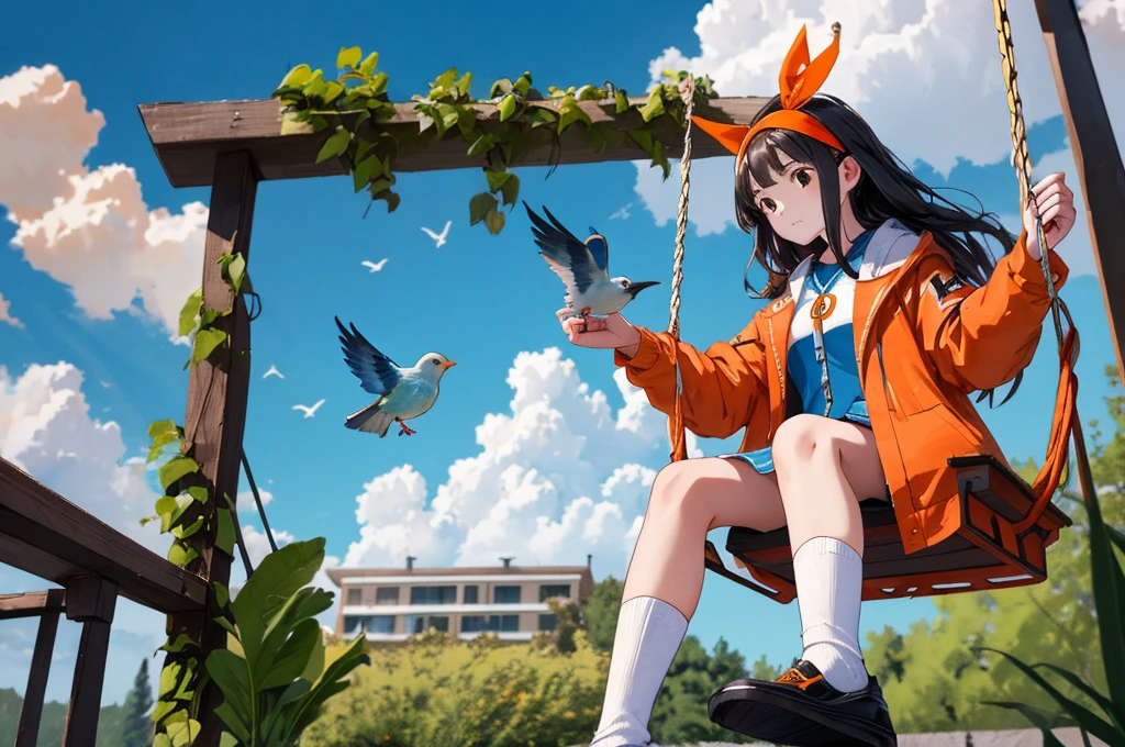 1girl,orange shoes,solo,sitting,sky,clouds,outdoors,black hair,bird,upward view,blue sky,white socks,daytime,orange jacket,building,long sleeves,leaves,long hair,playing on the swing,red headband,pump Rope,headband,bangs,cloudy sky,from_below,wide_shot,