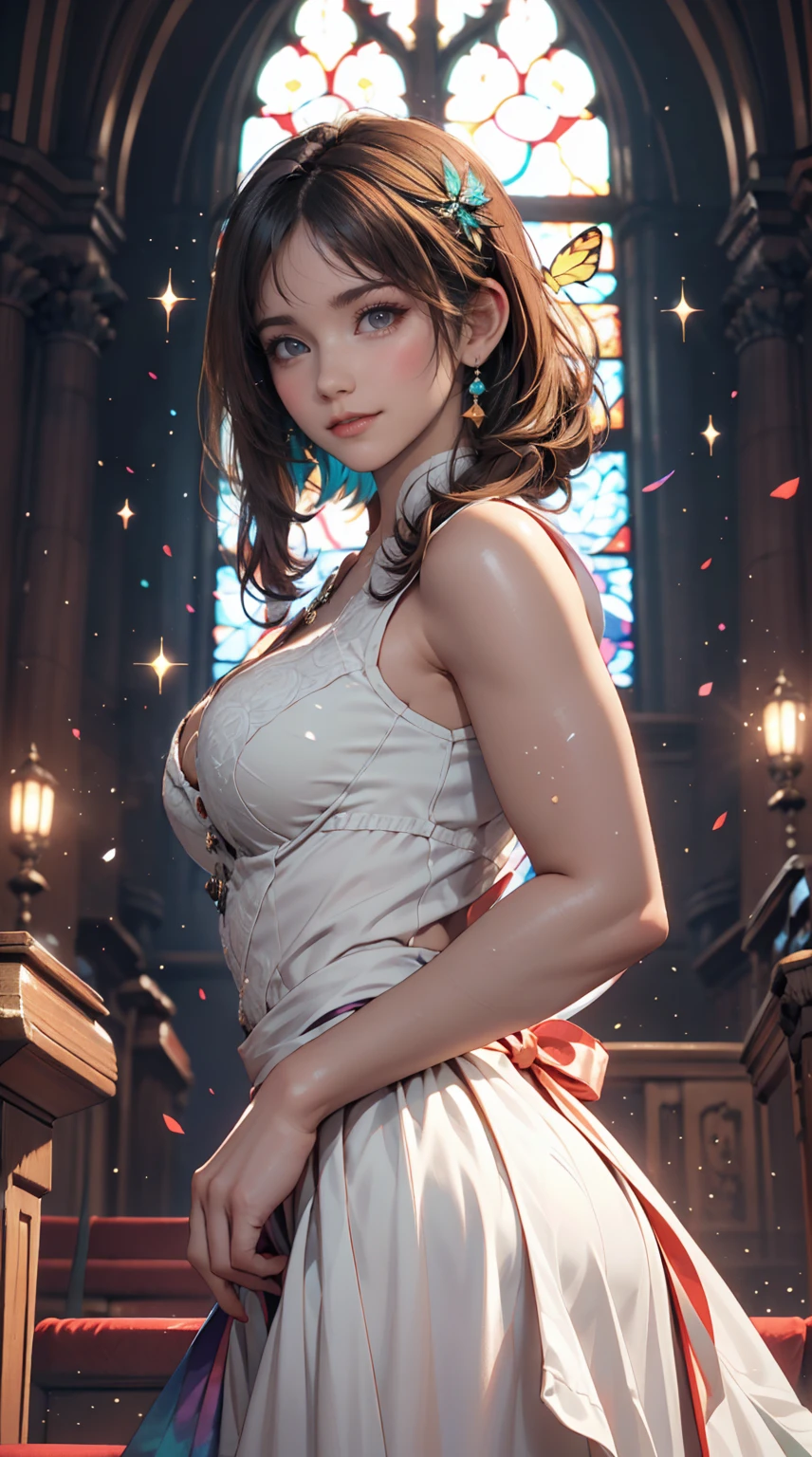 One girl, masterpiece, Very detailed, ((Cinema Lighting)), (Shine), ((Dramatic lighting)), ((Beautiful sparkle)), Intricate details, Lens flare, Multicolored Hair, Rainbow Hair, Long Hair, colorfulなドレス, butterflyの髪飾り, butterfly, (Particles of light), Put your arms behind your back, Large Breasts, [Curvy], Cowboy Shot, A light smile, Green Eyes, church, Stained glass, Spotlight, Dark Background, Floating Hair, Floating Hair, View your viewers,((colorful))