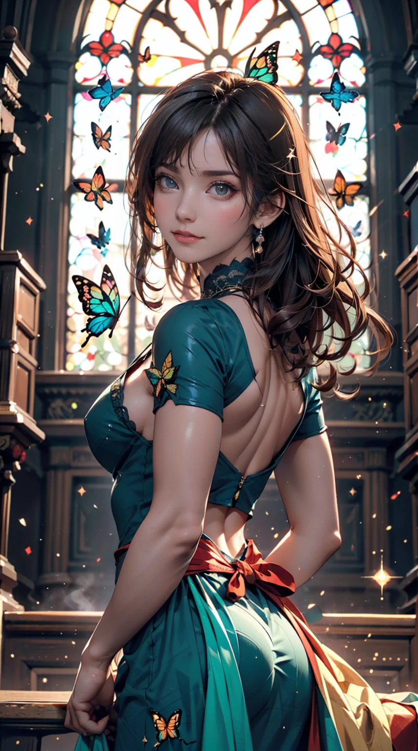 One girl, masterpiece, Very detailed, ((Cinema Lighting)), (Shine), ((Dramatic lighting)), ((Beautiful sparkle)), Intricate details, Lens flare, Multicolored Hair, Rainbow Hair, Long Hair, colorfulなドレス, butterflyの髪飾り, butterfly, (Particles of light), Put your arms behind your back, Large Breasts, [Curvy], Cowboy Shot, A light smile, Green Eyes, church, Stained glass, Spotlight, Dark Background, Floating Hair, Floating Hair, View your viewers,((colorful))