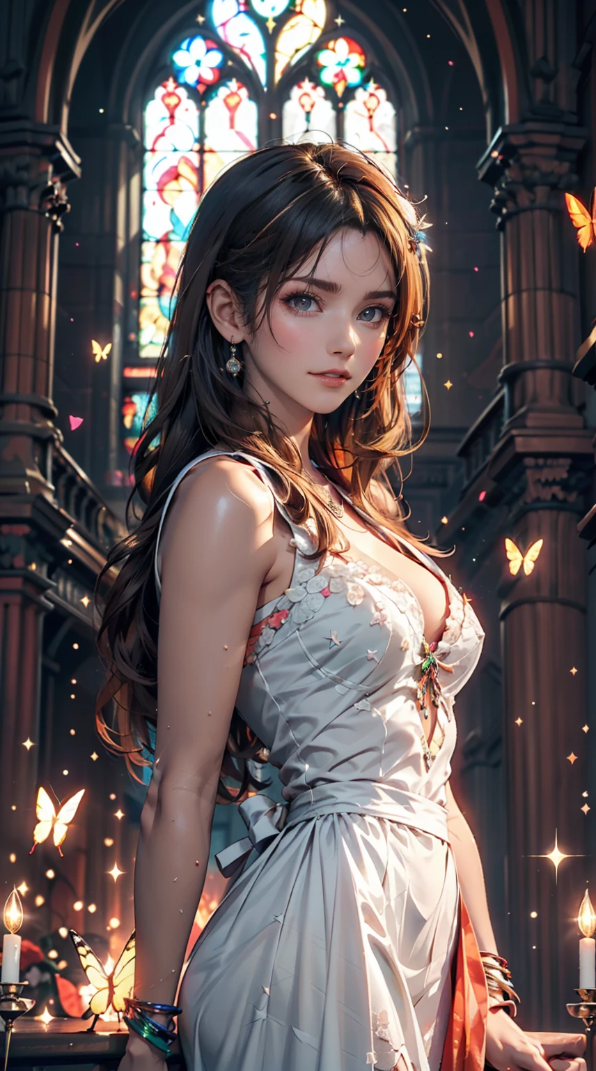 One girl, masterpiece, Very detailed, ((Cinema Lighting)), (Shine), ((Dramatic lighting)), ((Beautiful sparkle)), Intricate details, Lens flare, Multicolored Hair, Rainbow Hair, Long Hair, colorfulなドレス, butterflyの髪飾り, butterfly, (Particles of light), Put your arms behind your back, Large Breasts, [Curvy], Cowboy Shot, A light smile, Green Eyes, church, Stained glass, Spotlight, Dark Background, Floating Hair, Floating Hair, View your viewers,((colorful))
