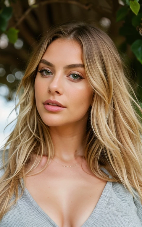 blonde influencer with long, naturally wavy hair, green eyes, sexually, grand ,with a big bust ,a would ,well dressed , 8k, extremely detailed, photorealistic, complicated details, realistic skin texture, realistic hair, texture, Blessed, 8K UHD, Best quality, high resolution, Attention to details, very large , Distant shot, grand angle